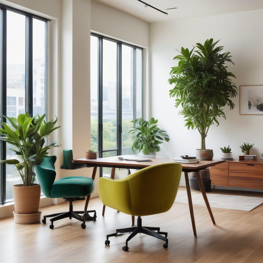 A sleek, modern office space showcasing premium furniture such as an ergonomic chair, a stylish desk, and plush armchairs, bathed in warm natural light from a large window. The decor includes green plants and tasteful artwork, creating an inviting atmosphere. A person is seen sitting comfortably, engrossed in work, emphasizing comfort and productivity. super-realistic. vibrant colors.