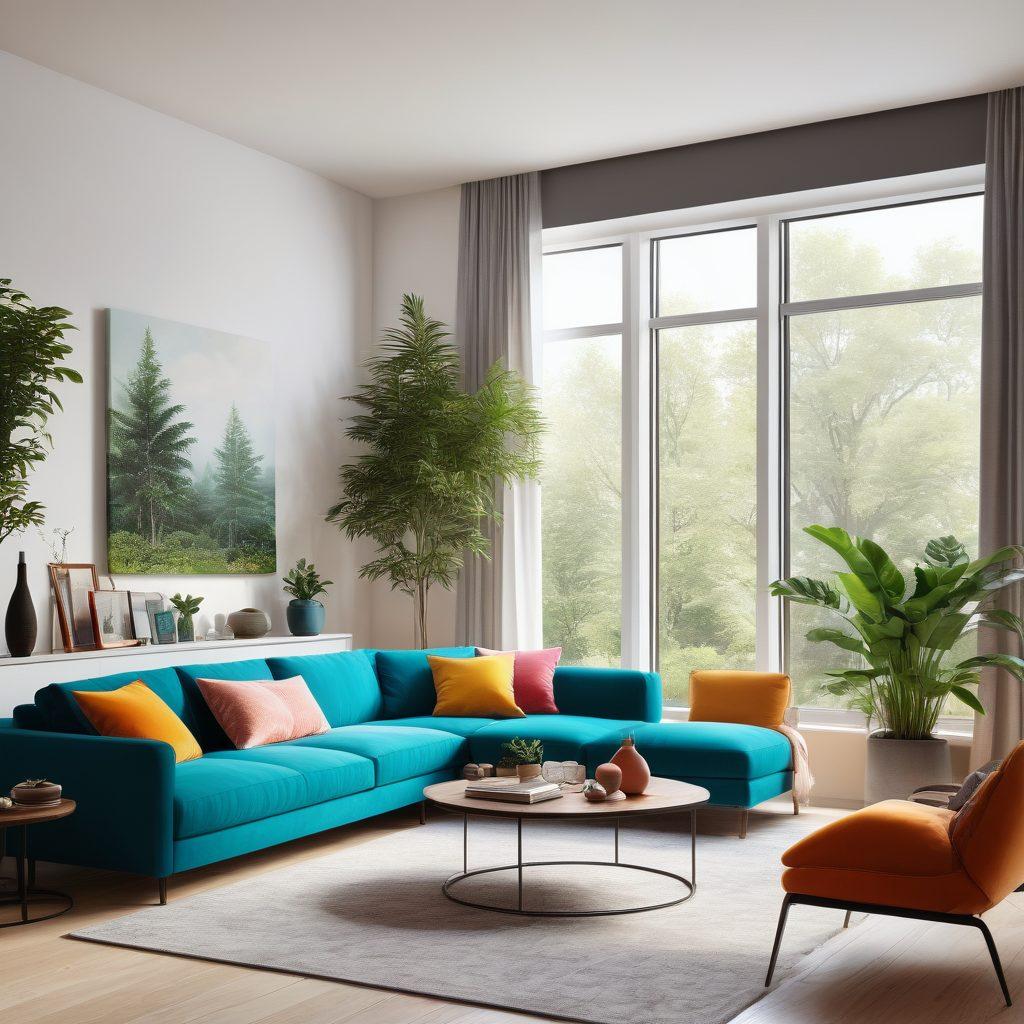 A modern living room showcasing innovative design trends, featuring minimalist furniture with bold colors, sleek lines, and unique textures. Incorporate indoor plants for a touch of nature and cozy textiles to enhance comfort. A large window allowing natural light to flood the space, with contemporary art pieces adorning the walls. super-realistic. vibrant colors. bright and airy atmosphere.