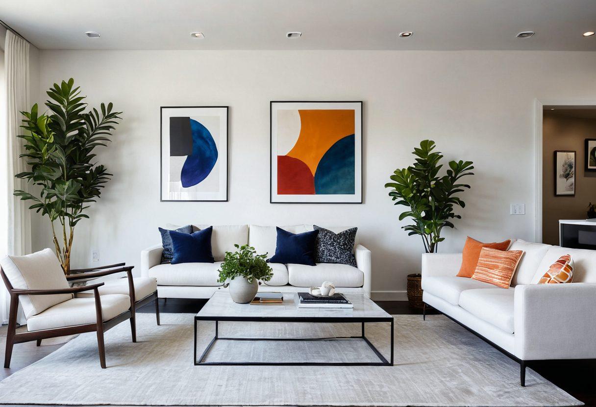 A beautifully arranged modern living room featuring an array of stylish seating options, including a sleek sofa, vibrant accent chairs, and a minimalist coffee table. The decor includes contemporary art on the walls, greenery from stylish plants, and soft ambient lighting that creates a welcoming atmosphere. The color palette is a mix of warm and cool tones, enhancing the elegance of the space. super-realistic. vibrant colors. white background.